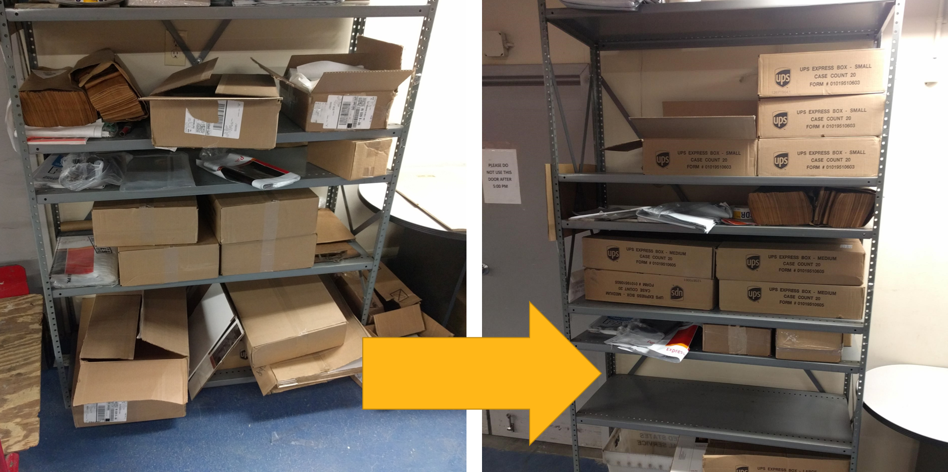 Before & After shipping materials storage Before and after of shipping materials storage at RI manufacturing facility