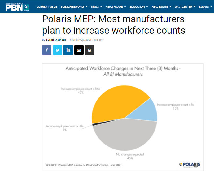 Providence Business News: Most manufacturers plan to increase workforce counts