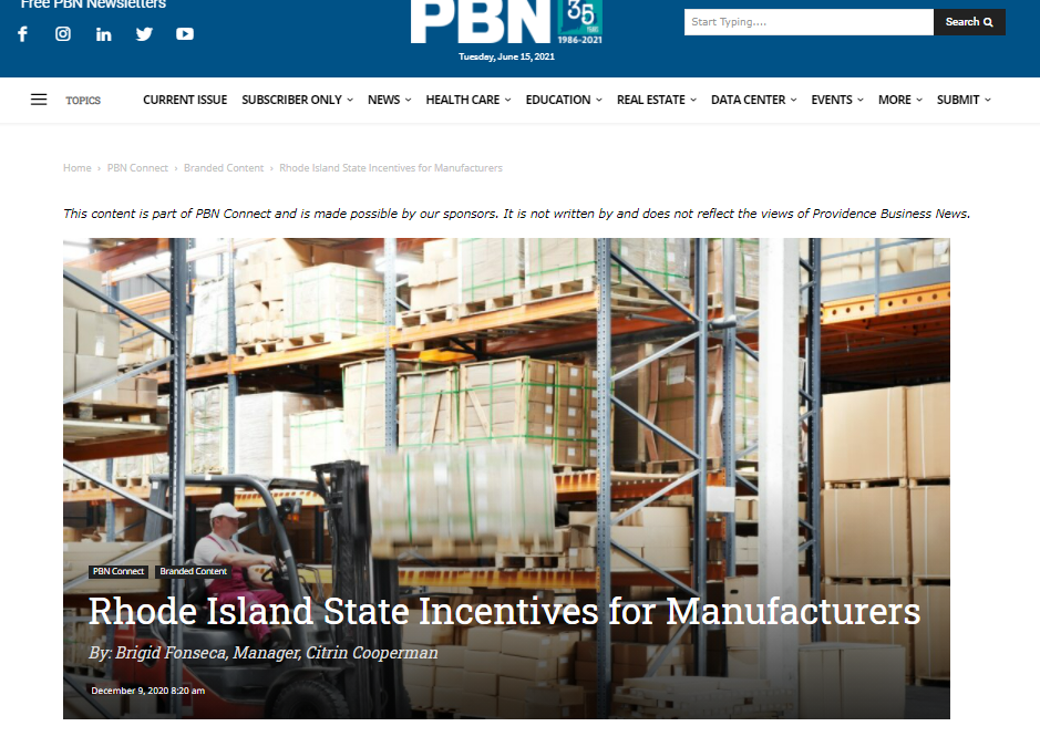 Providence Business News: R.I. State Incentives for Manufacturers