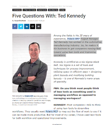 Providence Business News: 5 Questions With Ted Kennedy about Lean Manufacturing Plant Layouts