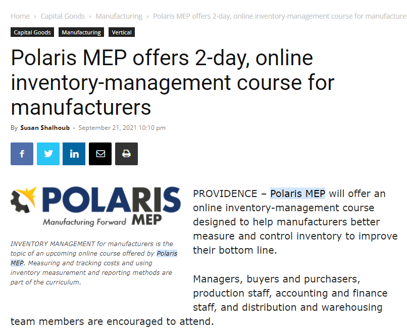 Providence Business News: Polaris MEP offers 2-day, online inventory-management course for manufacturers