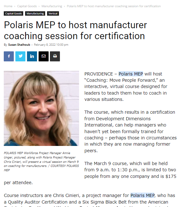Providence Business News: Polaris MEP to host manufacturer coaching session for certification