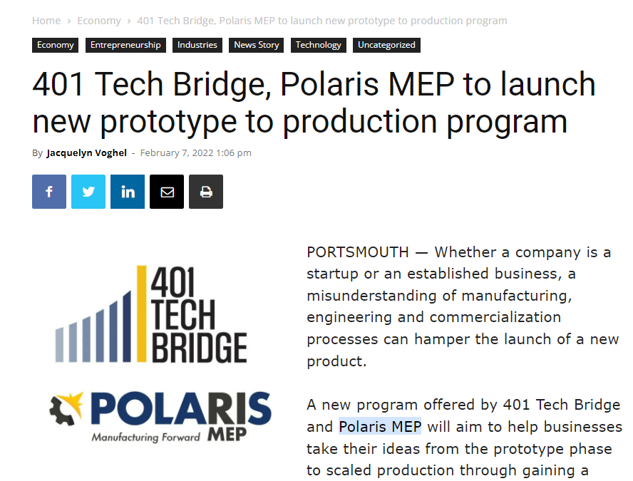 Providence Business News: 401 Tech Bridge, Polaris MEP to launch new prototype to production program