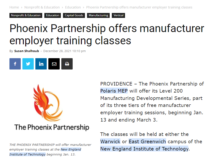 Providence Business News: Phoenix Partnership offers manufacturer employer training classess