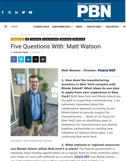 Providence Business News: 5 Questions with Matt Watson, Director of Polaris MEP