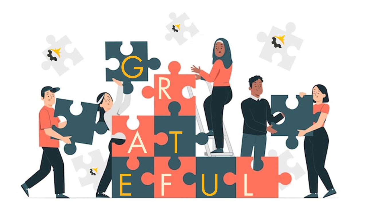 gratitude illustration - team spelling grateful in puzzle pieces with Polaris MEP brand mark