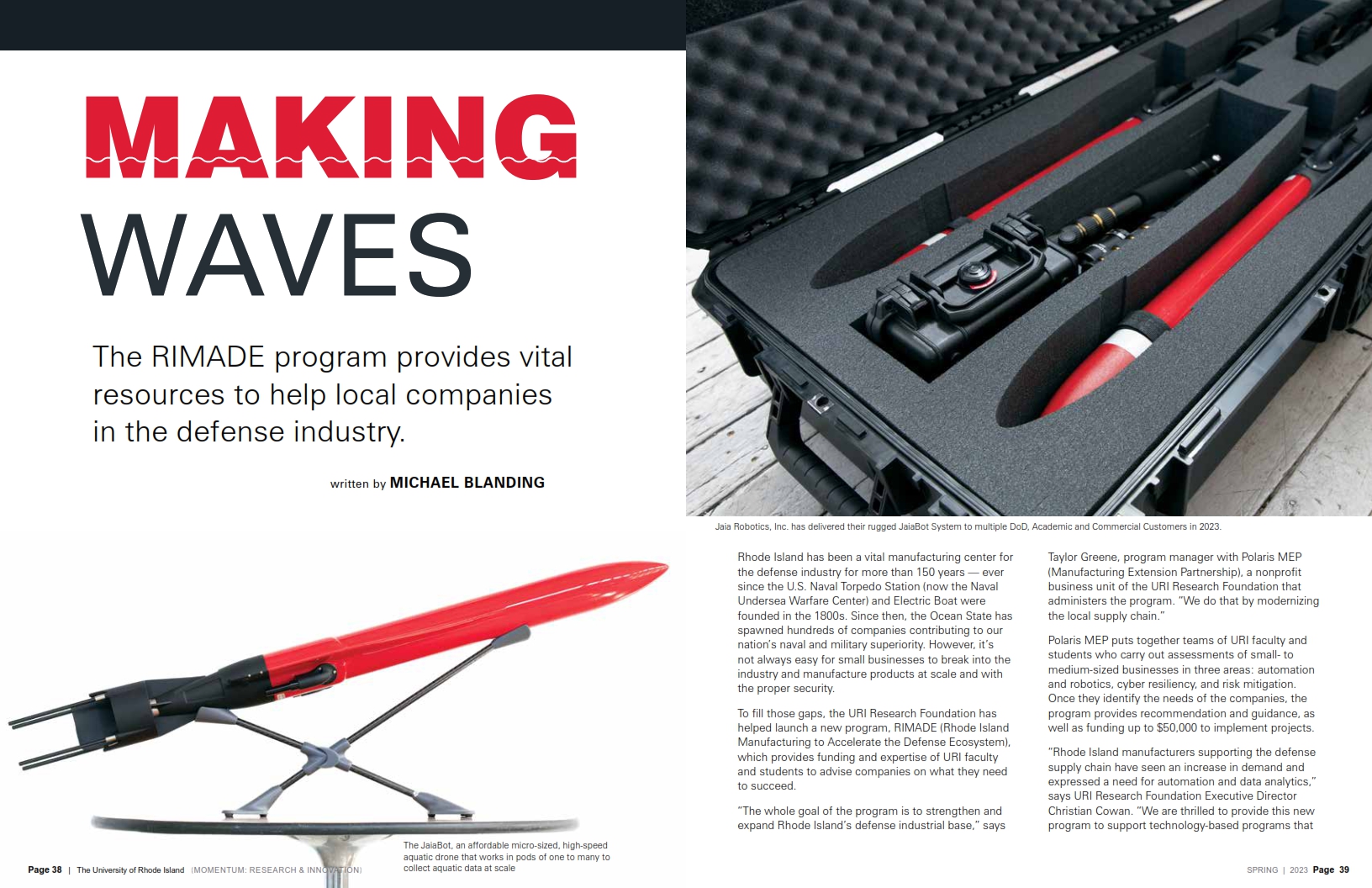 RI MADE, JAIA.MOMENTUM_Magazine_Spring_2023_002 Two-page article spread on Jaia Robotics and the RI MADE defense manufacturing program in Spring 2023 URI Momentum Magazine.