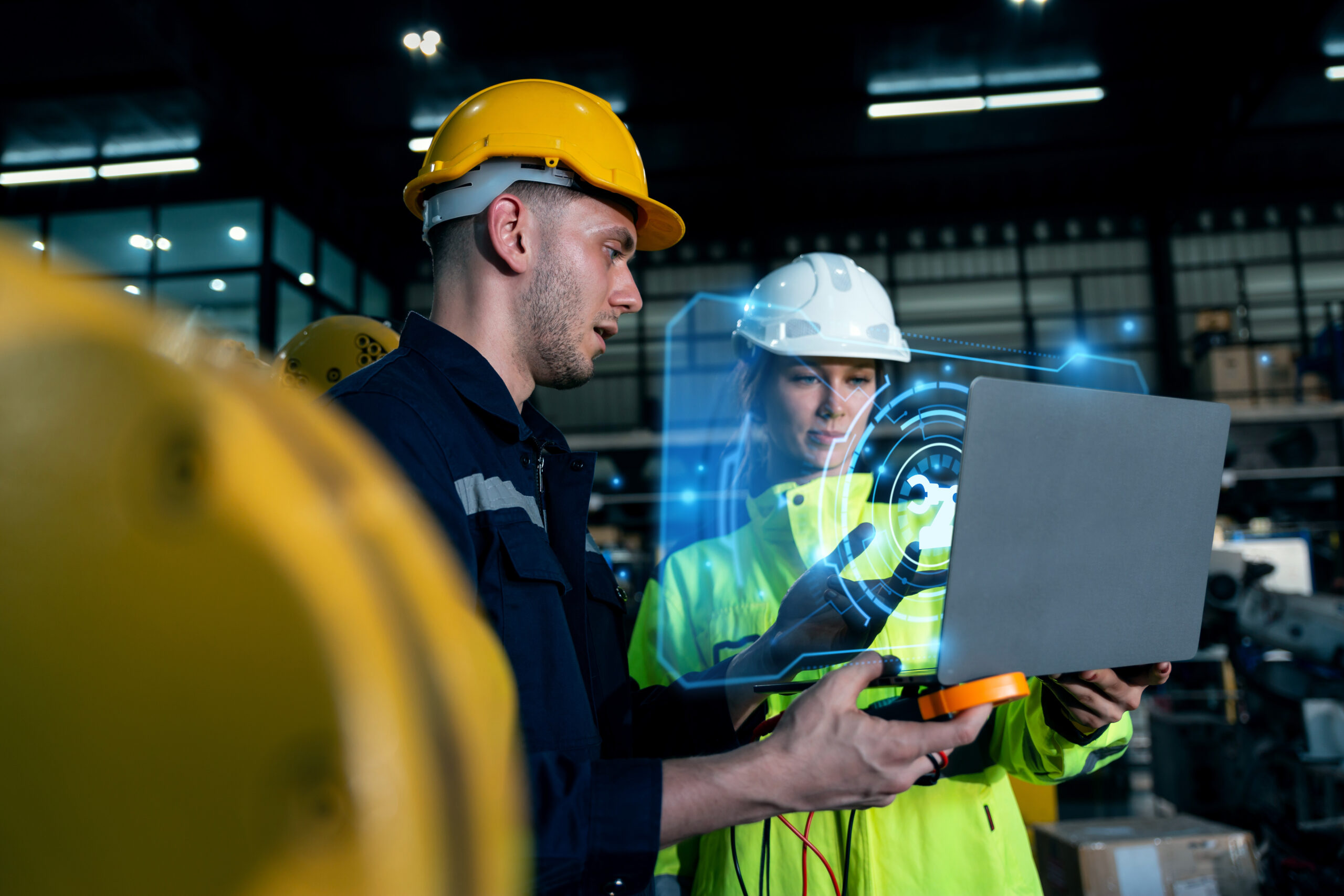 Professional engineer or programmer check robotic arm with AI tool in factory lab, specialist job and smart factory technology concept Professional engineer or programmer check robotic arm with AI tool in factory lab, specialist job and smart factory technology concept