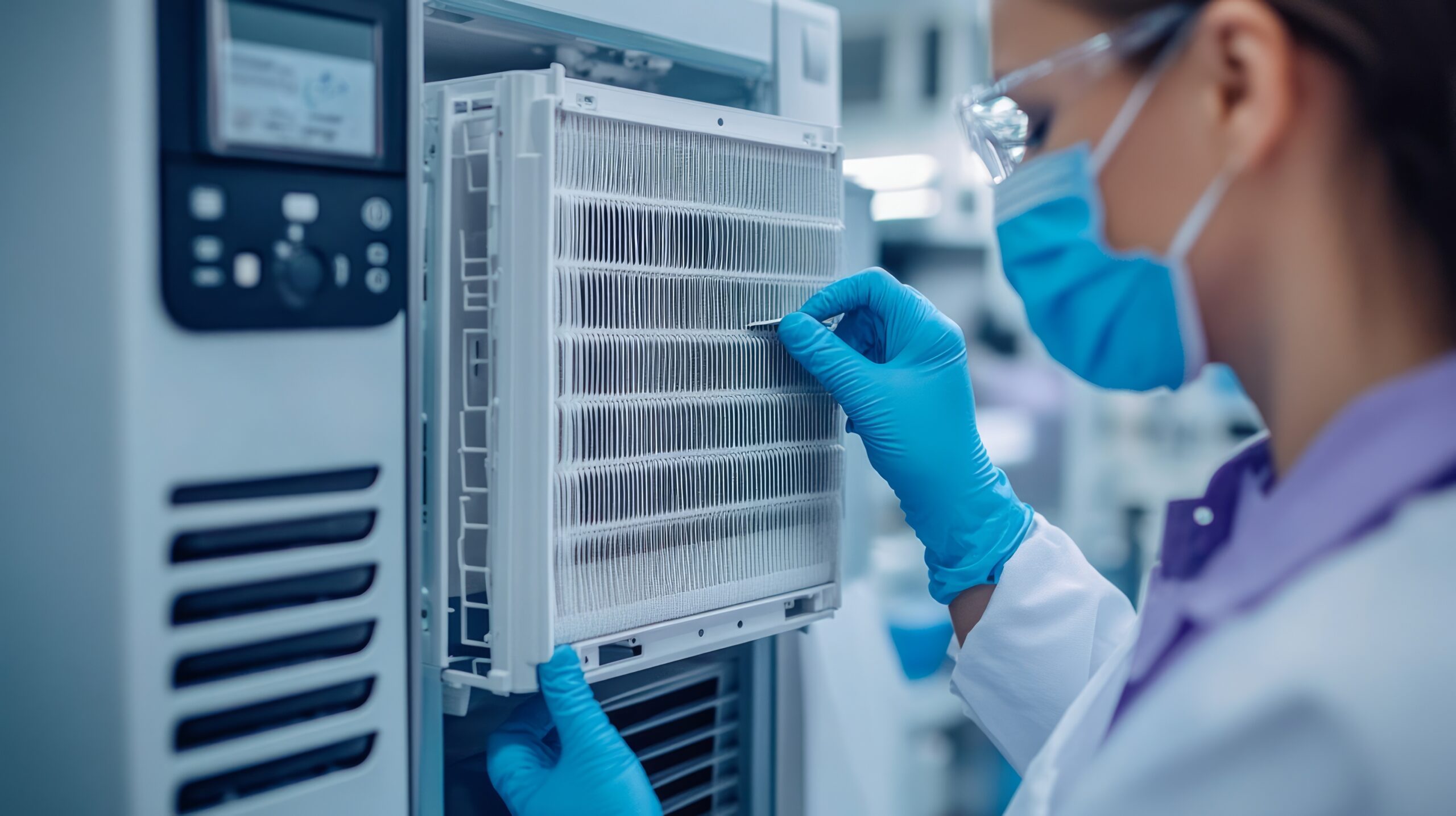 A technician inspects an air filter in a laboratory setting, ensuring proper function. A technician inspects an air filter in a laboratory setting, ensuring proper function.