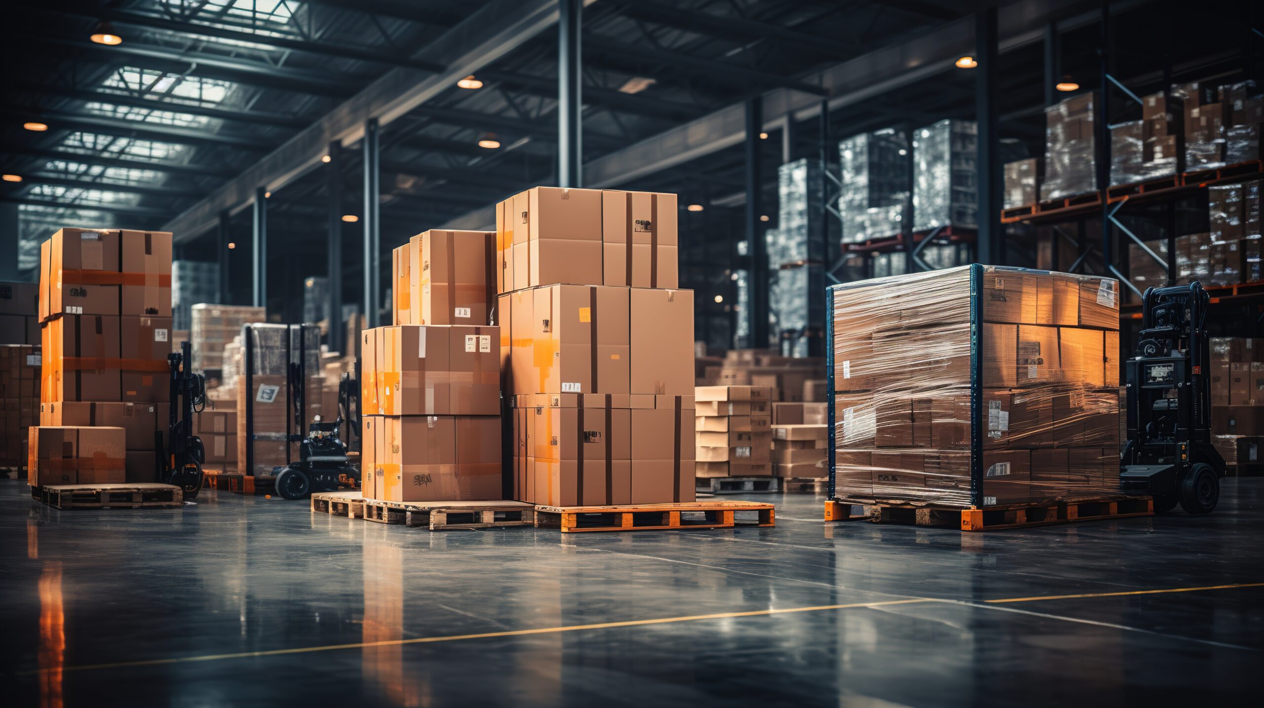 Retail warehouse full of shelves with goods in cartons, with pallets and forklifts. Product distribution center. Generative ai