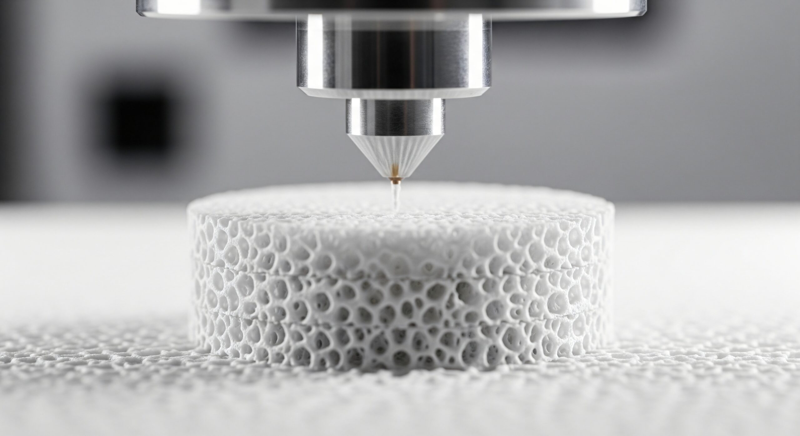 Close up view of 3D printer head depositing material onto a porous ceramic structure