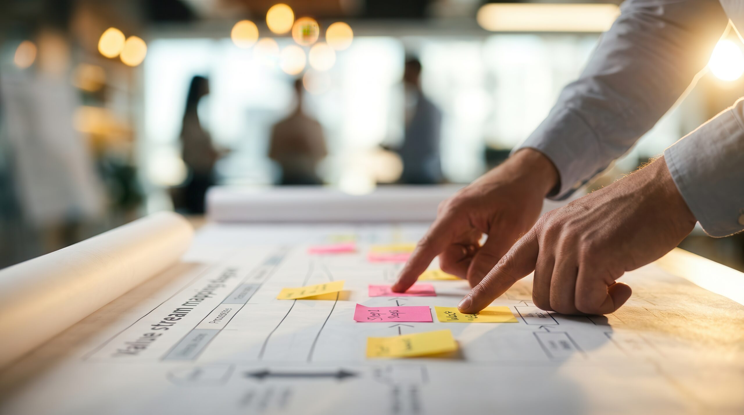 Close up of hands analyzing a value stream mapping on a long paper roll in a bright office. Close up of hands analyzing a value stream mapping on a long paper roll in a bright office.